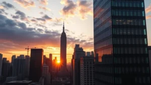 Professional Manhattan skyline at sunset featuring glass office buildings and financial district architecture, corporate legal environment aesthetic, high resolution, photorealistic, no signage or text visible