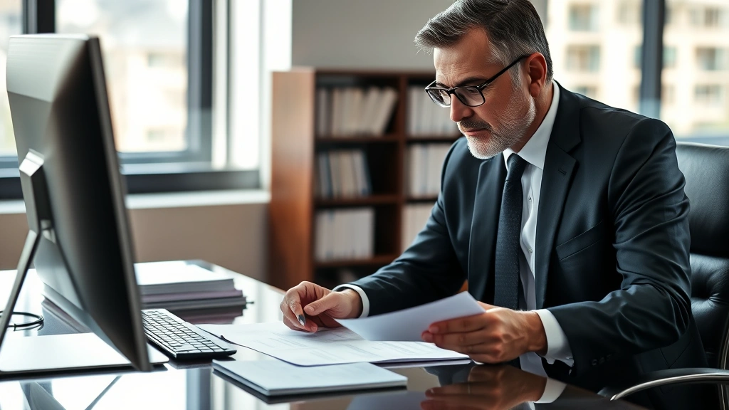 Senior lawyer in dark business suit reviewing legal documents at modern desk with computer, professional office setting, focused expression, natural lighting from window, photorealistic professional atmosphere