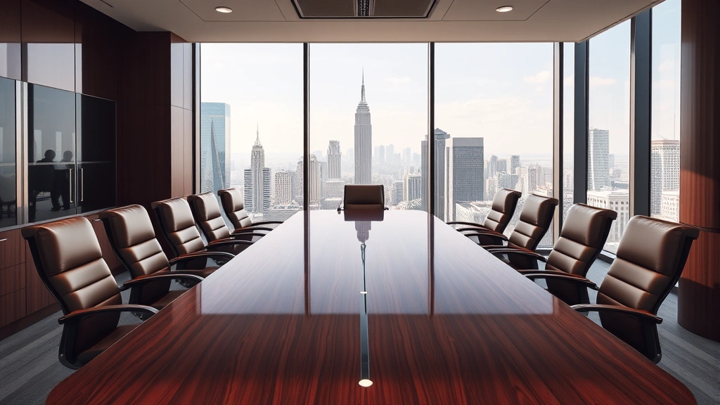 Modern law office conference room with polished wooden table, leather chairs, floor-to-ceiling windows overlooking city skyline, contemporary legal practice environment, no visible documents or text