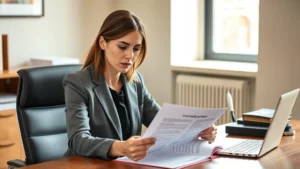 Professional female attorney in business attire reviewing child safety documents at wooden desk with laptop, natural lighting from office window, serious focused expression