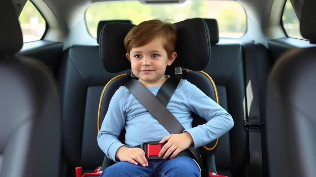 Child properly positioned in high-back booster seat in vehicle rear seat, shoulder belt crossing chest correctly, lap belt on hips, calm child looking forward