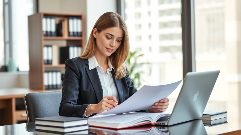Professional female attorney in business suit reviewing documents at modern office desk with law books and laptop visible, natural lighting from office window