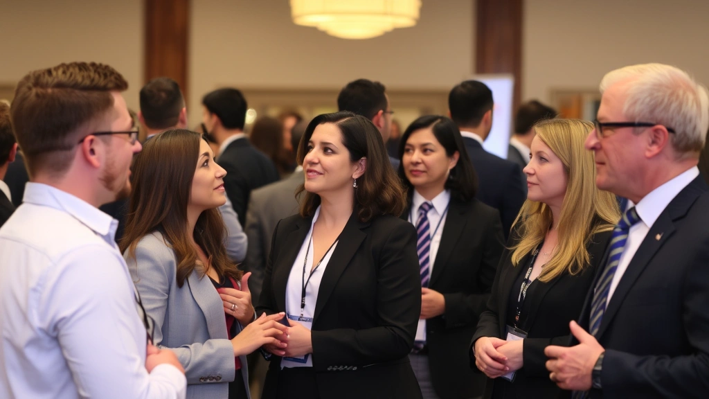 Diverse group of legal professionals in business attire having networking conversation at professional legal conference or bar association event