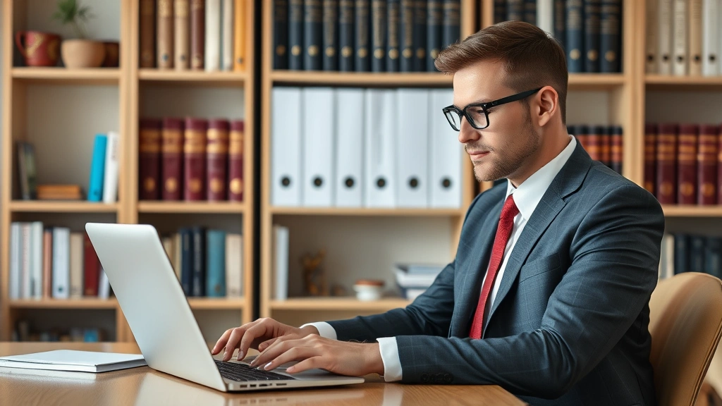 Male lawyer in formal suit working on laptop at home office setup with legal reference materials organized on shelves in background