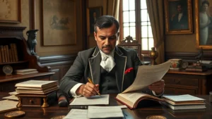 Professional 19th-century Mexican government official in formal attire reviewing documents at an ornate wooden desk, surrounded by official seals and correspondence, natural window lighting, serious expression, period-appropriate clothing and furnishings, photorealistic style