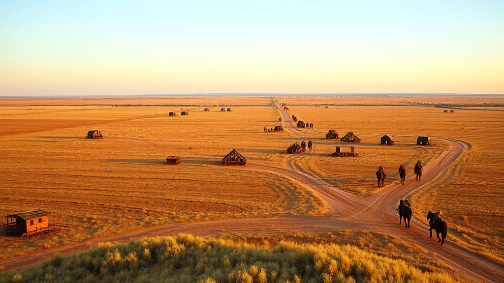 Vast Texas frontier landscape with scattered settlements and wooden structures in distance, open prairie under clear sky, distant military garrison buildings, horses and wagons on dirt roads, golden hour lighting, expansive vista showing sparse settlement pattern, photorealistic landscape photography