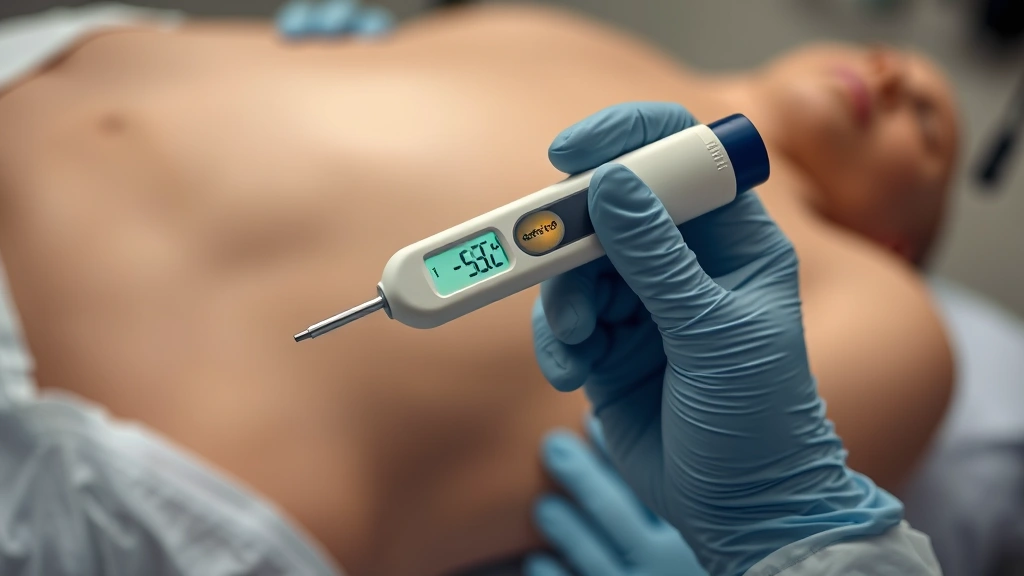 Detailed close-up of forensic thermometer being used to measure core body temperature during postmortem examination, showing professional medical setting with gloved hands and precision instruments