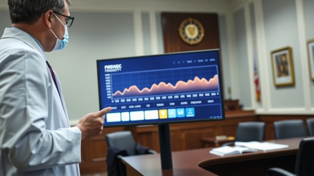 Forensic scientist presenting evidence presentation with temperature graph and timeline data on digital display in professional courtroom consultation room with law books and legal documents visible