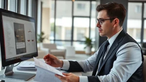 Professional lawyer in modern office reviewing legal documents and law books, examining hierarchical legal framework displayed on computer screen, serious focused expression, natural lighting from windows, contemporary workspace setting