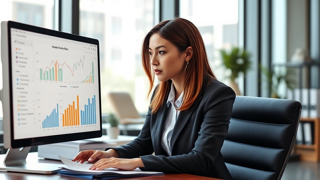 Professional female attorney in business suit reviewing statistical data on computer screen in modern law office with charts and graphs visible, natural lighting, serious focused expression, working at desk with legal documents