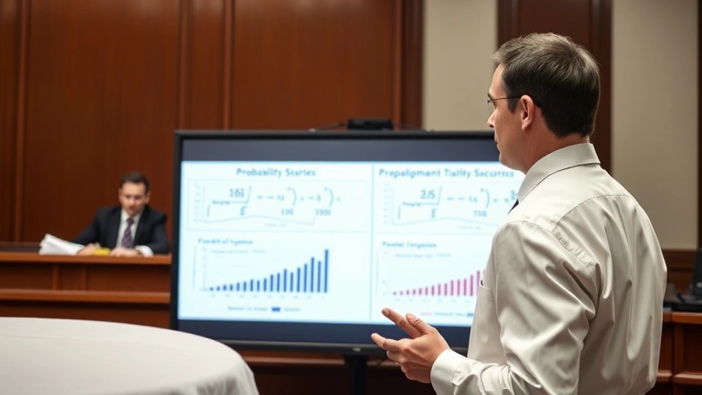 Male expert witness testifying in courtroom, presenting statistical analysis on presentation screen with probability formulas and data visualizations, professional attire, courtroom setting with judge in background