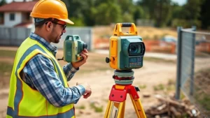 Professional surveyor using laser measurement equipment on outdoor construction site, wearing safety gear, measuring property boundaries with tripod-mounted device and digital readout