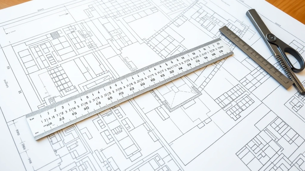 Detailed architectural blueprints spread on drafting table showing technical drawings, angle measurements, and construction specifications with ruler and professional tools