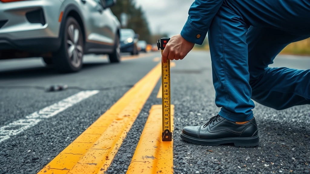 Forensic accident reconstruction specialist measuring skid marks and vehicle positions at accident scene using measurement wheel and marking tape on road surface