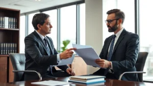 Professional legal consultation scene with attorney and client discussing case documents in modern law office, serious professional atmosphere, natural lighting from windows