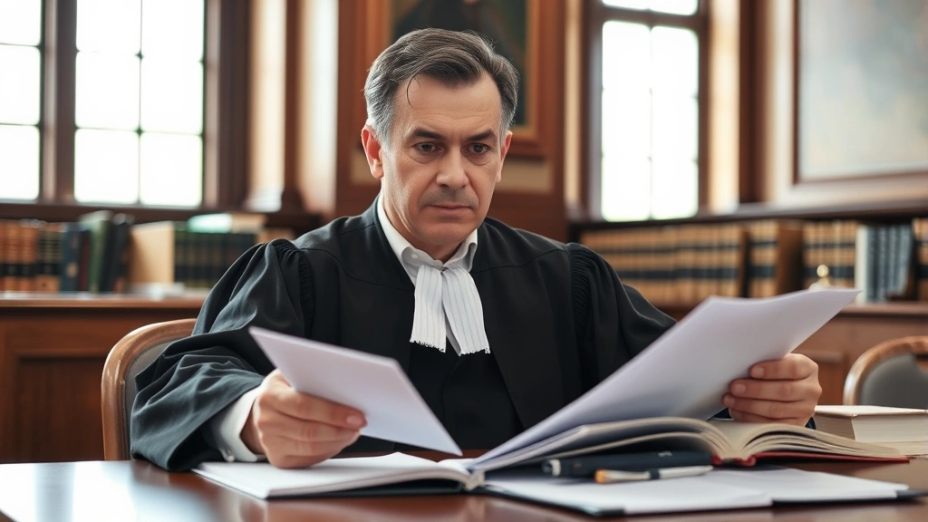 Professional family law judge in courtroom reviewing case files, serious expression, wooden desk, law books background, daylight from windows, formal attire, no visible text or documents