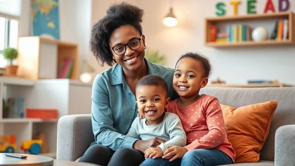 Diverse caseworker sitting with young child in bright, safe office environment, warm lighting, comfortable furniture, child feeling secure and supported, professional setting with toys and books visible