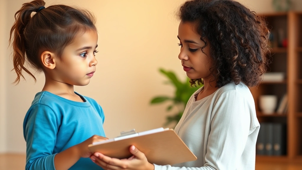 Child development specialist documenting observations, clipboard in hand, neutral office background, professional appearance, focused expression, warm lighting, no visible personal information or identifying details