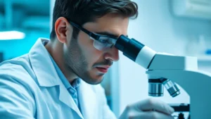 Professional forensic scientist in laboratory coat examining DNA evidence samples under microscope with blue-tinted lighting, sterile white lab environment with scientific equipment, focused expression on face
