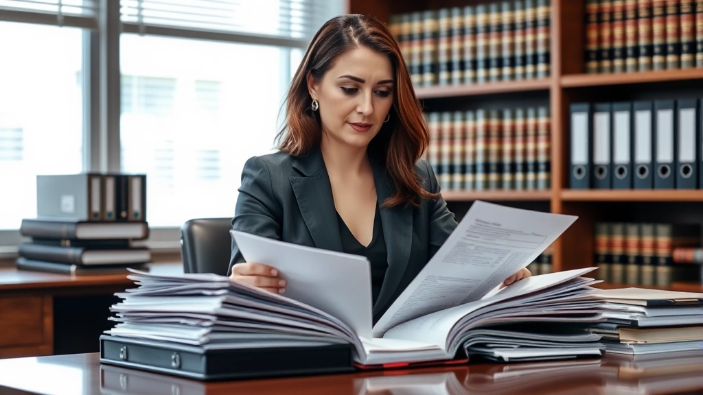 Female prosecutor in business suit reviewing case files at desk in law office, surrounded by organized legal documents and folders, professional office setting with law books visible in background, determined expression