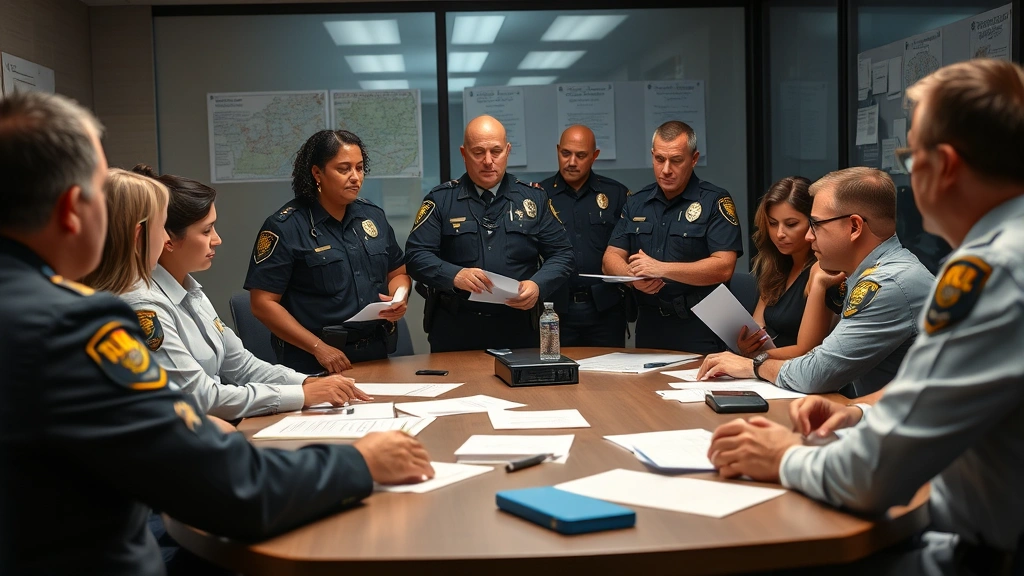 Diverse team of law enforcement professionals in SVU unit having serious discussion around conference table with case materials, professional police precinct environment, collaborative and focused atmosphere