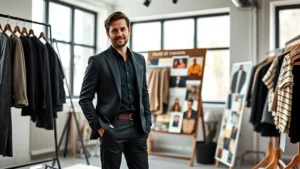 Professional male fashion stylist in modern minimalist studio with fabric swatches and mood boards, wearing tailored black outfit, confident expression, natural lighting from large windows