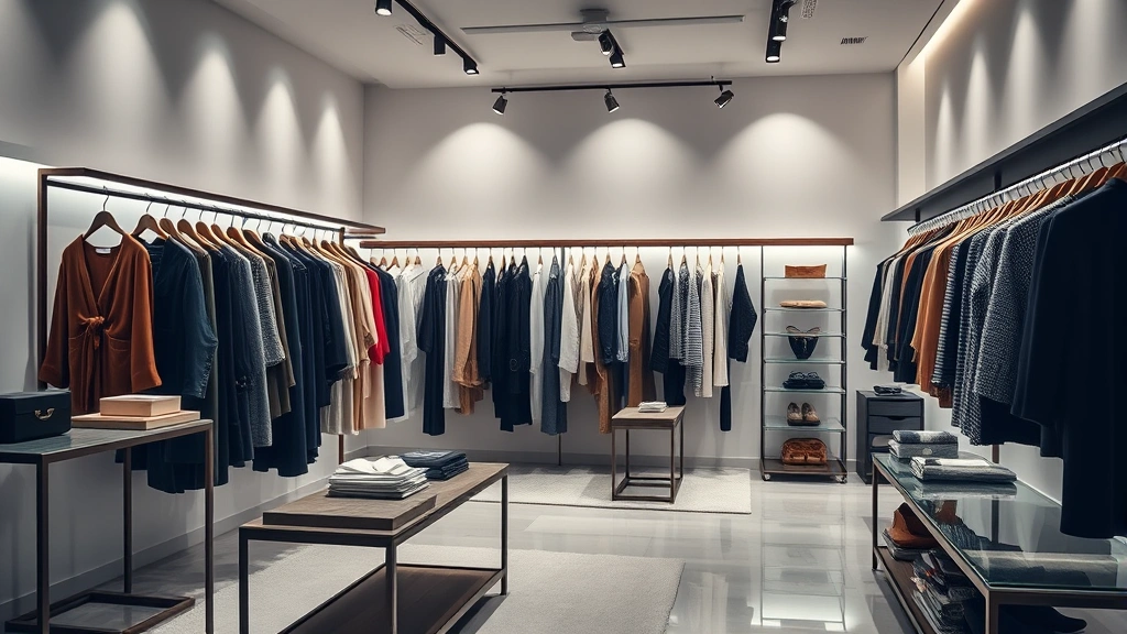 Luxury fashion showroom with elegant clothing racks, styling accessories, and mood lighting, professional creative workspace atmosphere with neutral color palette